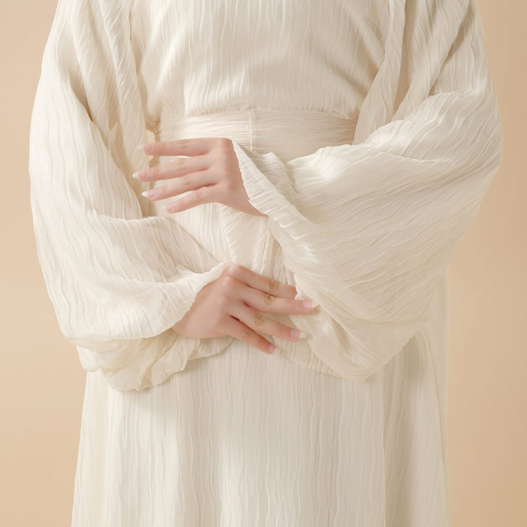 Cream White Puff Sleeves Abaya |  Pleat Textured Maxi Dress Abaya (MA152) Mariam's Collection
