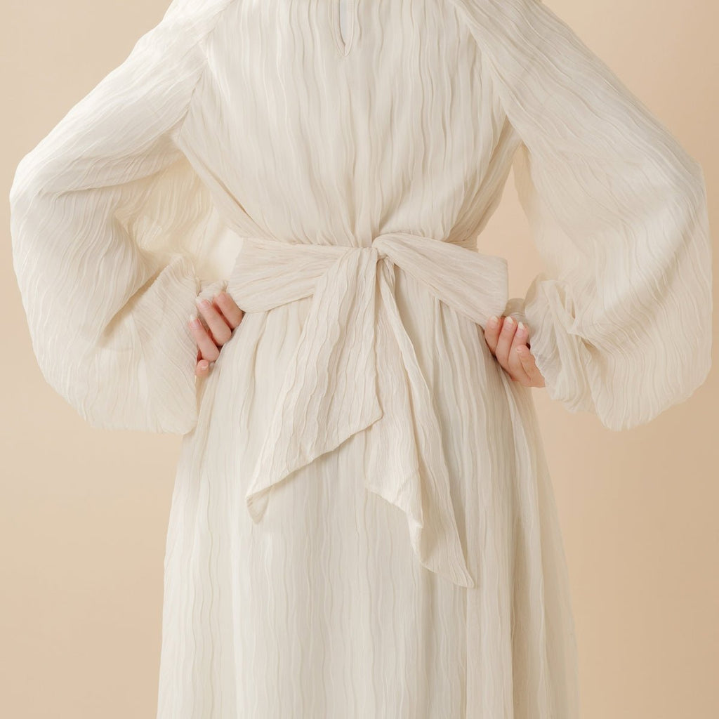 Cream White Puff Sleeves Abaya |  Pleat Textured Maxi Dress Abaya (MA152) Mariam's Collection