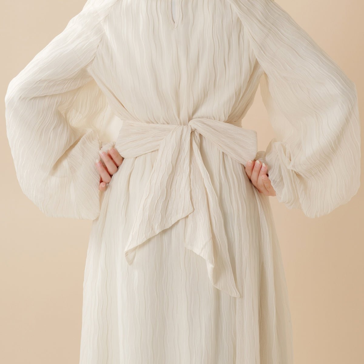 Cream White Puff Sleeves Abaya |  Pleat Textured Maxi Dress Abaya (MA152) Mariam's Collection