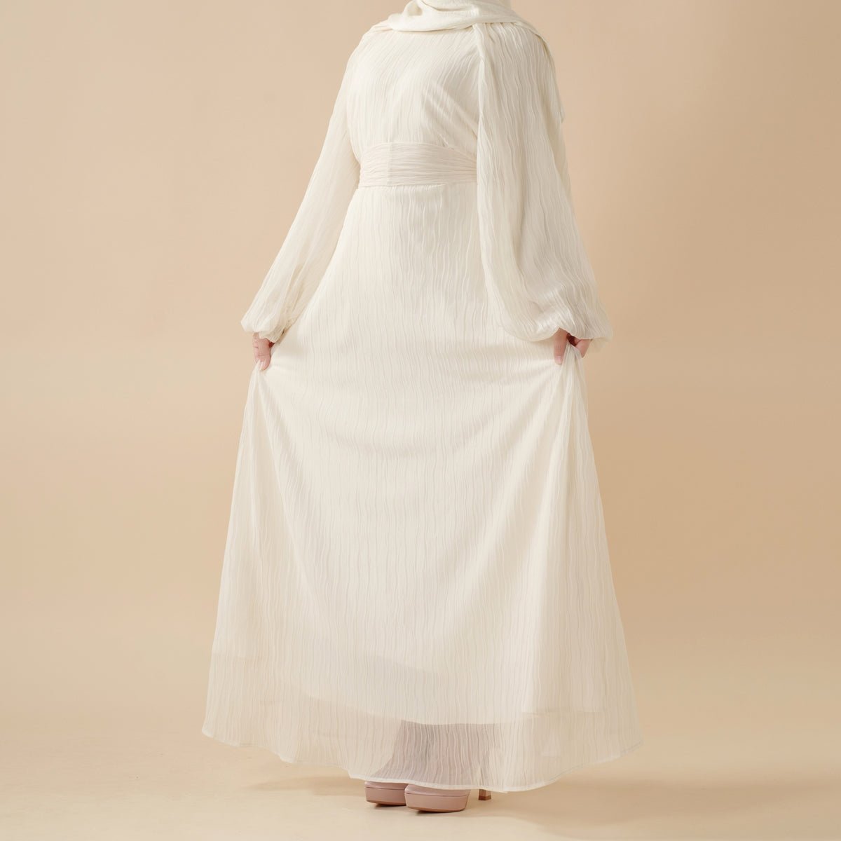 Cream White Puff Sleeves Abaya |  Pleat Textured Maxi Dress Abaya (MA152) Mariam's Collection