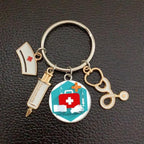 Creative Doctor Keychain Unique Personality Syringe Stethoscope Pendant Keychain Cartoon Colorful Handbag Pendant Keychain Doctor Injection Stethoscope Picture Keychain Round Dome Pendant Women Alloy Keychain
