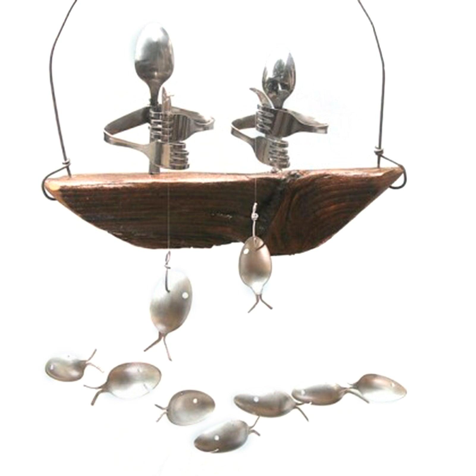 Creative Fishing Man Spoon Fish Sculptures Wind Chime Home Bedroom Painted Fish Mobile Tropical Fish Home Decor  Yard Garden Hanging Ornament Decoration Stevvex