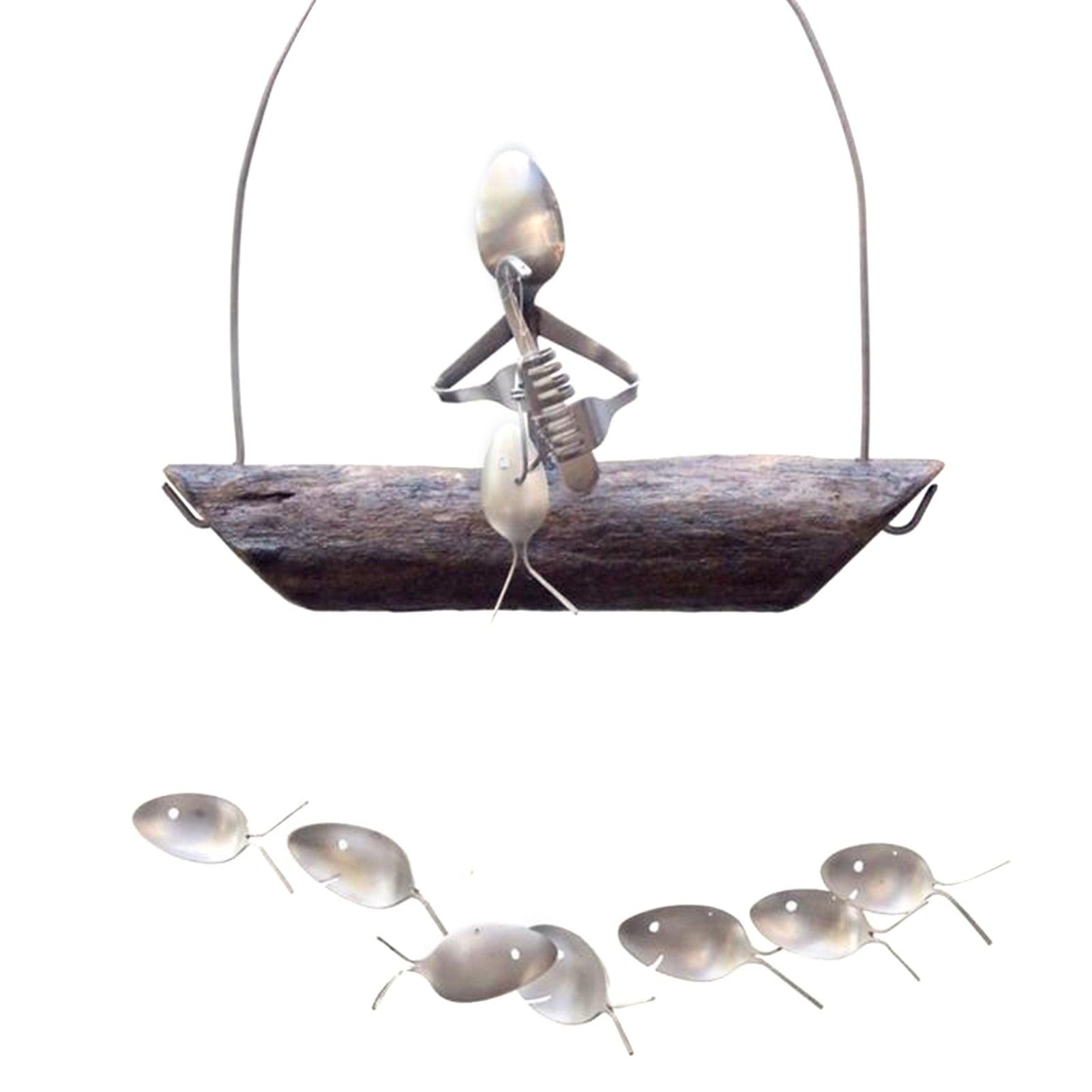 Creative Fishing Man Spoon Fish Sculptures Wind Chime Home Bedroom Painted Fish Mobile Tropical Fish Home Decor  Yard Garden Hanging Ornament Decoration Stevvex