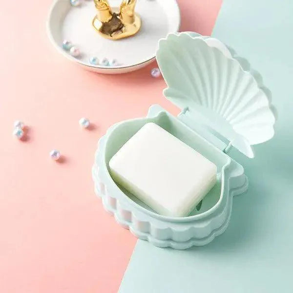 Creative Portable Shell Shape Soap Box Bathroom Drain Soap Holder Travel Soap Protect Case Bathroom Accessories Soap Dish Container with Lid with Drainer Seashell Soap Box Portable Soap Bar Holder Soap Tray Soap Saver Box Case For Home Travel Stevvex