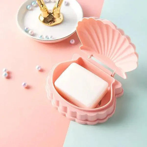 Creative Portable Shell Shape Soap Box Bathroom Drain Soap Holder Travel Soap Protect Case Bathroom Accessories Soap Dish Container with Lid with Drainer Seashell Soap Box Portable Soap Bar Holder Soap Tray Soap Saver Box Case For Home Travel Stevvex