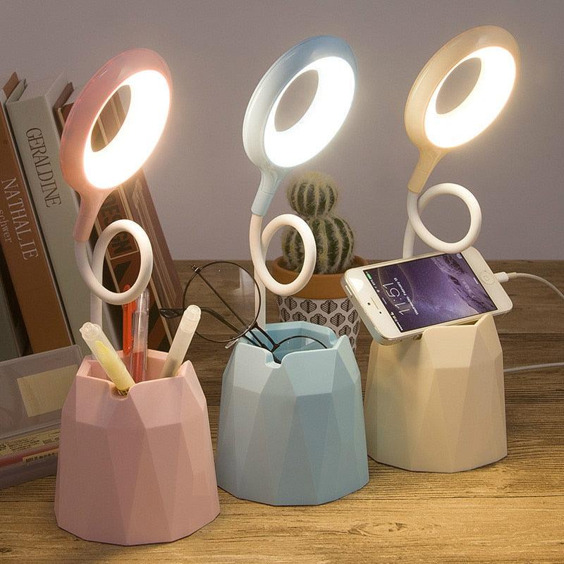 Creative USB Table Light Morden College Dorm Bedroom Study Led Desk Lamp Pen Container Macaroon Eye Protection Ring Table Lamp Decorative Table Lamp Cute Study Lamps for Bedroom Décor Stevvex