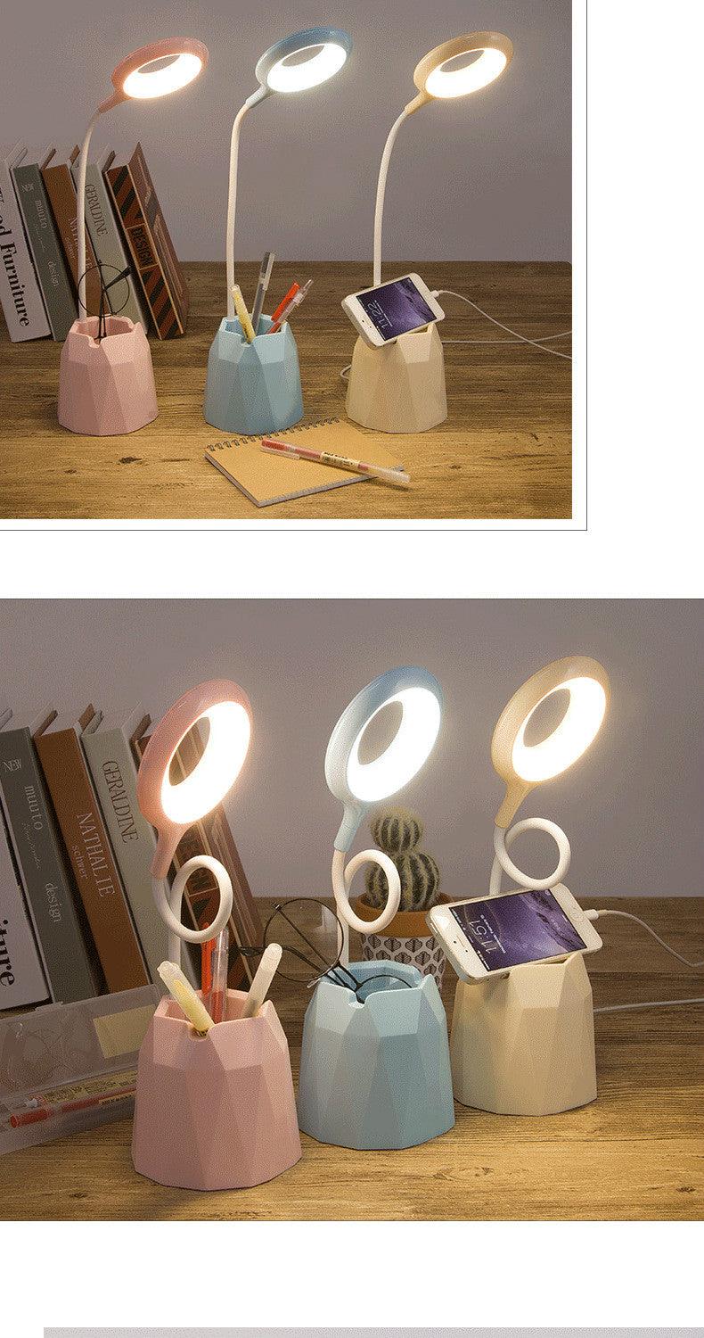 Creative USB Table Light Morden College Dorm Bedroom Study Led Desk Lamp Pen Container Macaroon Eye Protection Ring Table Lamp Decorative Table Lamp Cute Study Lamps for Bedroom Décor Stevvex