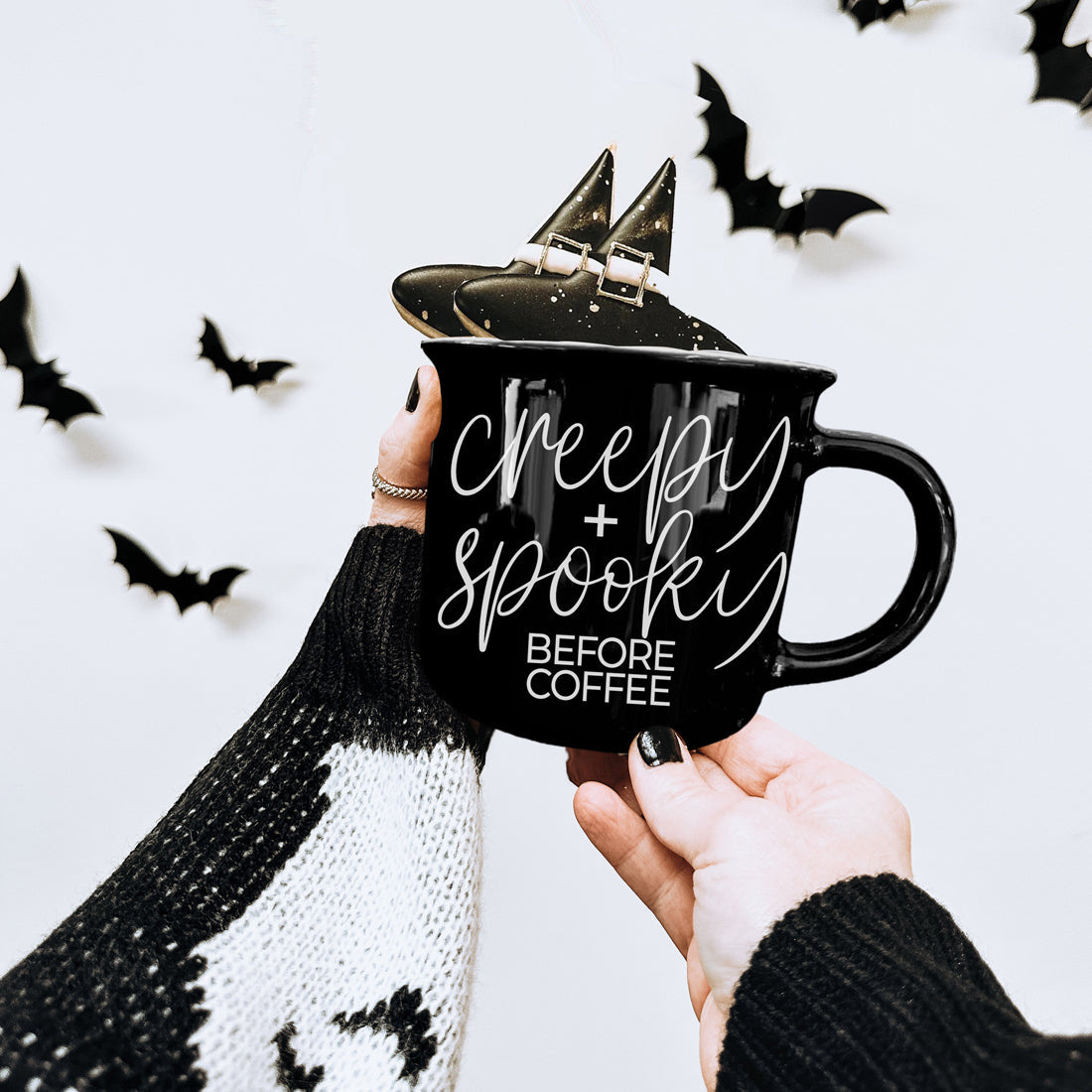 Creepy Spooky Black Ceramic Mug 14.5oz Halloween Coffee Cup For Gothic Morning Vibes BandsCo Straps