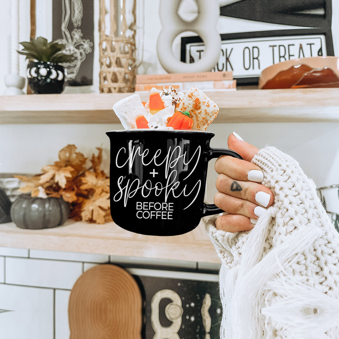Creepy Spooky Black Ceramic Mug 14.5oz Halloween Coffee Cup For Gothic Morning Vibes BandsCo Straps
