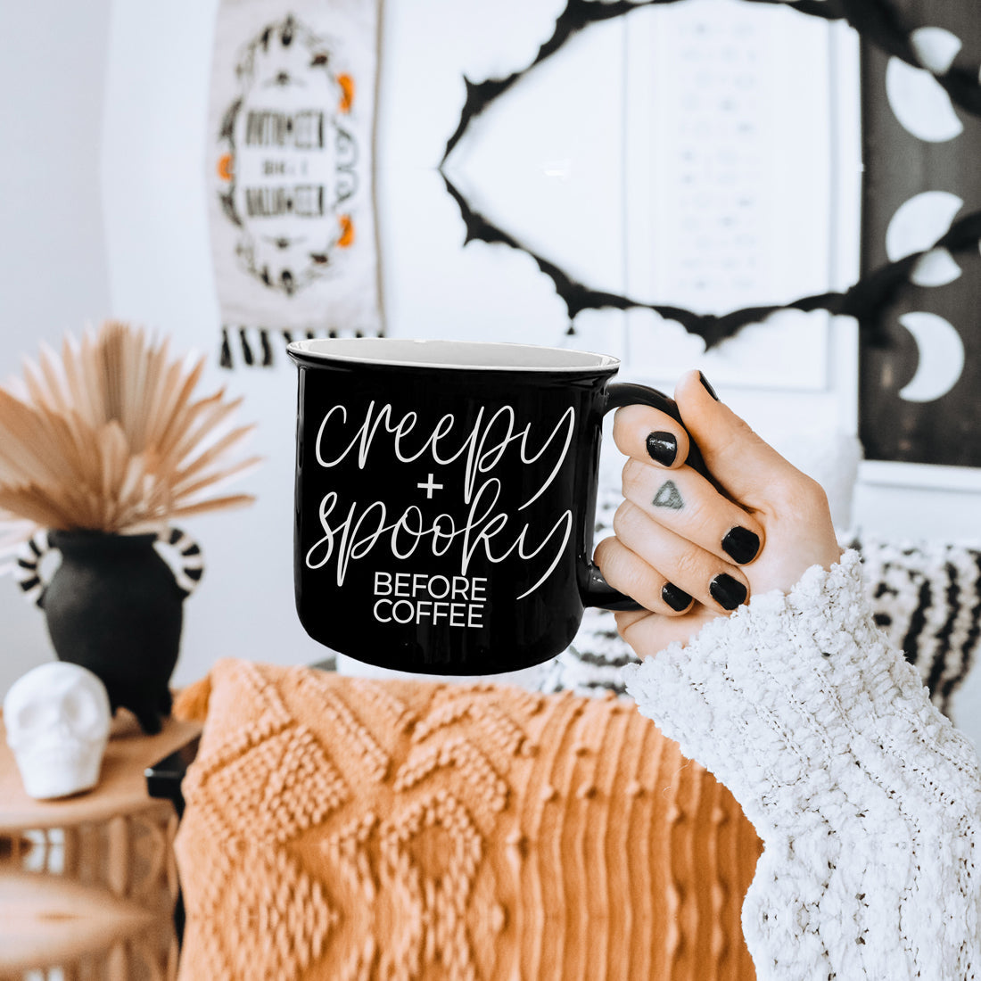Creepy Spooky Black Ceramic Mug 14.5oz Halloween Coffee Cup For Gothic Morning Vibes BandsCo Straps