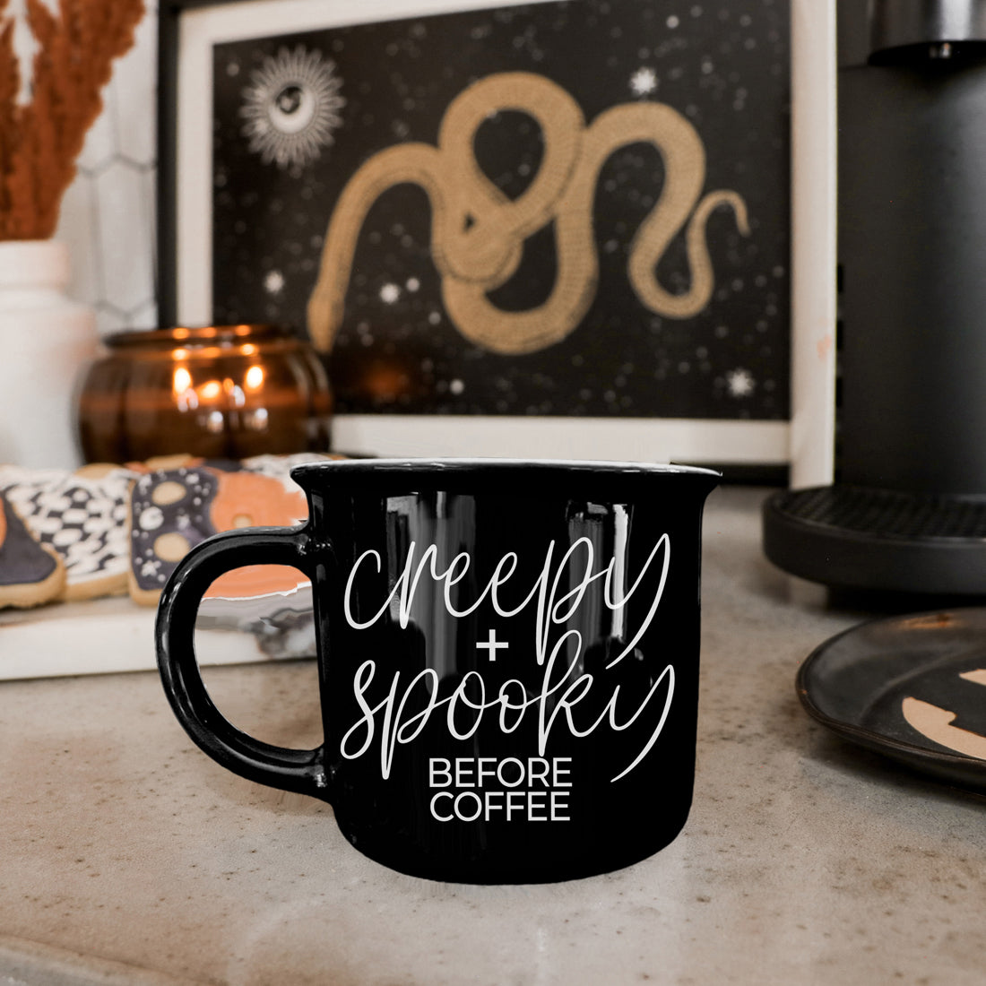 Creepy Spooky Black Ceramic Mug 14.5oz Halloween Coffee Cup For Gothic Morning Vibes BandsCo Straps