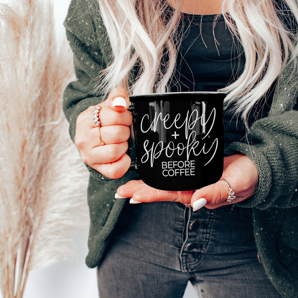 Creepy Spooky Black Ceramic Mug 14.5oz Halloween Coffee Cup For Gothic Morning Vibes BandsCo Straps