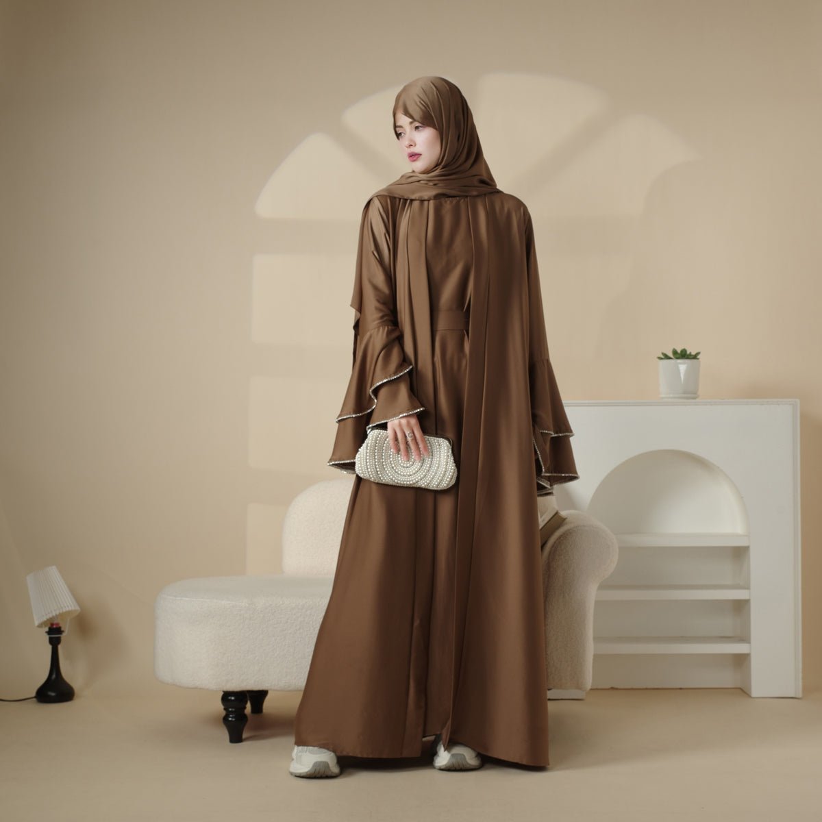 Crepe Satin Ruffle Sleeve Abaya, 5-Piece Set (MOA033) - SJB-DIAMOND ELITES