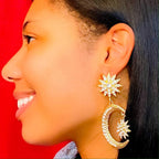 Crescent Moon Star Dangle Earrings Gold Rhinestone Statement