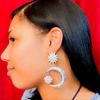 Crescent Moon Star Dangle Earrings Gold Rhinestone Statement