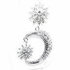 Crescent Moon Star Dangle Earrings Gold Rhinestone Statement