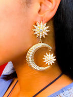 Crescent Moon Star Dangle Earrings Gold Rhinestone Statement