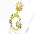 Crescent Moon Star Dangle Earrings Gold Rhinestone Statement