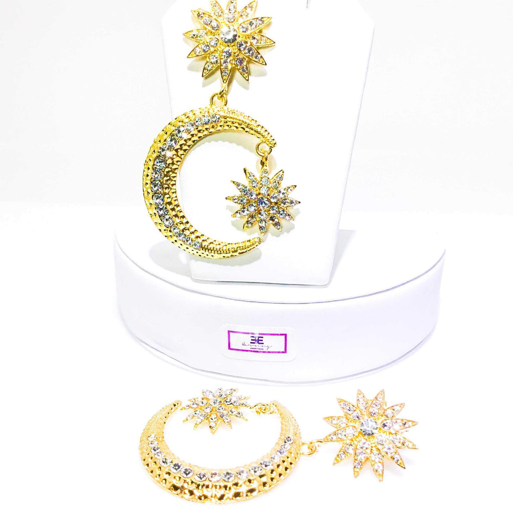 Crescent Moon Star Dangle Earrings Gold Rhinestone Statement