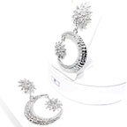 Crescent Moon Star Dangle Earrings Gold Rhinestone Statement