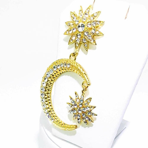 Crescent Moon Star Dangle Earrings Gold Rhinestone Statement
