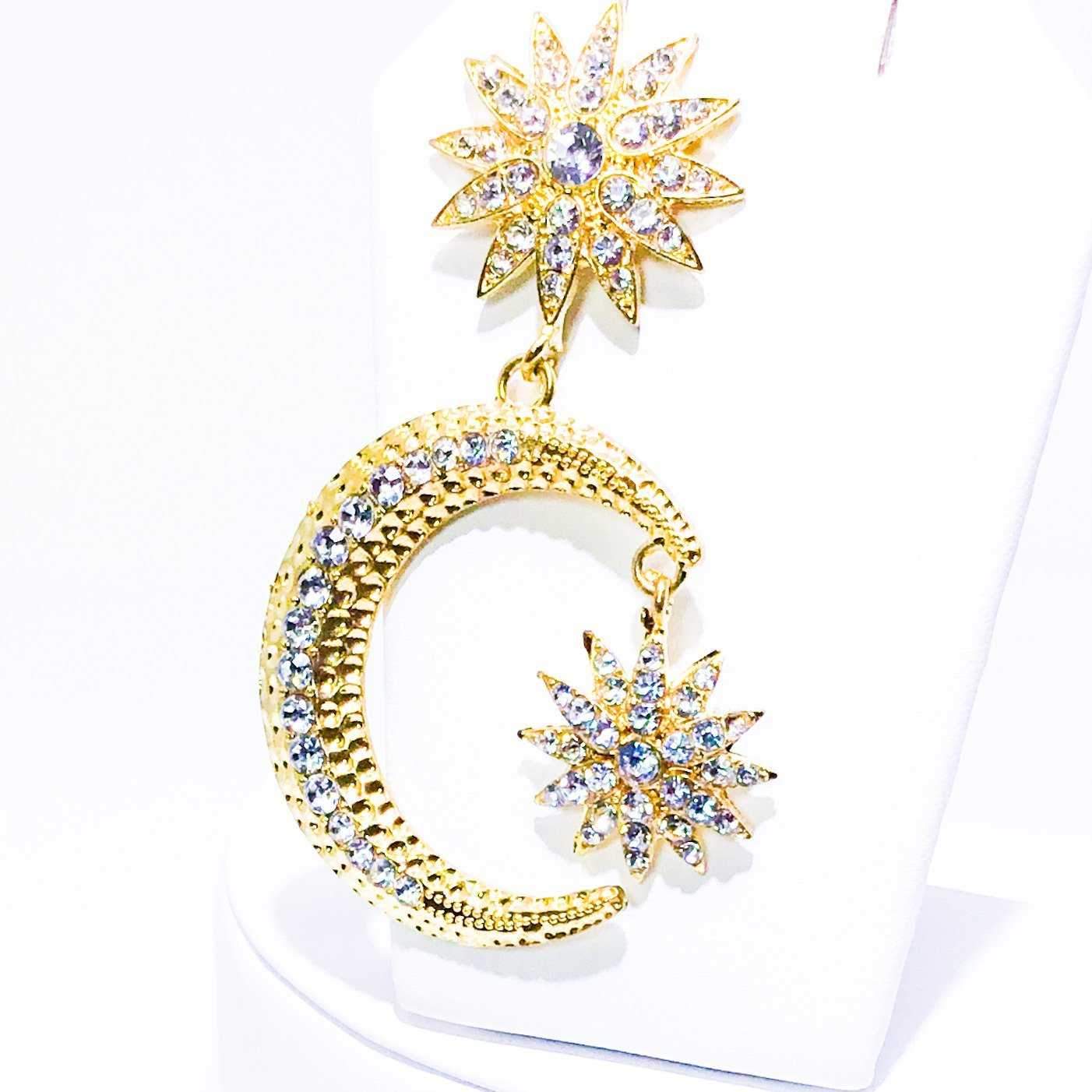 Crescent Moon Star Dangle Earrings Gold Rhinestone Statement
