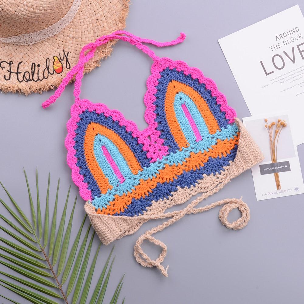 Crochet Bikini Sets Multi Color Knitted Rainbow Striped Off Shoulder Top Bottom Bikini Women's Crochet Striped Lace Up  Shorts Bikini Set 2 PCS Knit Bathing Suit Swimsuit Beachwear Bathing Suit Women Swimsuit Stevvex