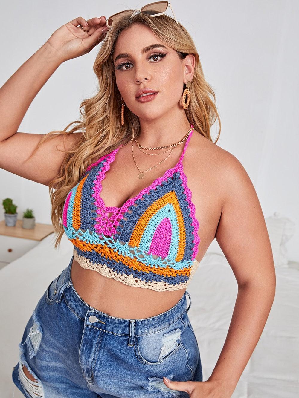 Crochet Bikini Sets Multi Color Knitted Rainbow Striped Off Shoulder Top Bottom Bikini Women's Crochet Striped Lace Up  Shorts Bikini Set 2 PCS Knit Bathing Suit Swimsuit Beachwear Bathing Suit Women Swimsuit Stevvex