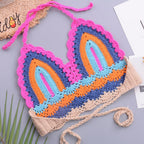 Crochet Bikini Sets Multi Color Knitted Rainbow Striped Off Shoulder Top Bottom Bikini Women's Crochet Striped Lace Up  Shorts Bikini Set 2 PCS Knit Bathing Suit Swimsuit Beachwear Bathing Suit Women Swimsuit Stevvex