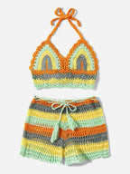 Crochet Bikini Sets Multi Color Knitted Rainbow Striped Off Shoulder Top Bottom Bikini Women's Crochet Striped Lace Up  Shorts Bikini Set 2 PCS Knit Bathing Suit Swimsuit Beachwear Bathing Suit Women Swimsuit Stevvex