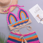 Crochet Bikini Sets Multi Color Knitted Rainbow Striped Off Shoulder Top Bottom Bikini Women's Crochet Striped Lace Up  Shorts Bikini Set 2 PCS Knit Bathing Suit Swimsuit Beachwear Bathing Suit Women Swimsuit Stevvex