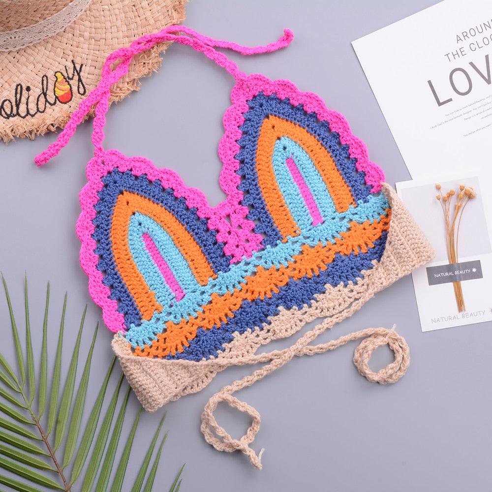 Crochet Bikini Sets Multi Color Knitted Rainbow Striped Off Shoulder Top Bottom Bikini Women's Crochet Striped Lace Up  Shorts Bikini Set 2 PCS Knit Bathing Suit Swimsuit Beachwear Bathing Suit Women Swimsuit Stevvex