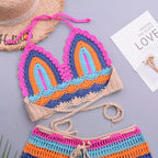 Crochet Bikini Sets Multi Color Knitted Rainbow Striped Off Shoulder Top Bottom Bikini Women's Crochet Striped Lace Up  Shorts Bikini Set 2 PCS Knit Bathing Suit Swimsuit Beachwear Bathing Suit Women Swimsuit Stevvex
