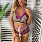 Crochet Bikini Sets Multi Color Knitted Rainbow Striped Off Shoulder Top Bottom Bikini Women's Crochet Striped Lace Up  Shorts Bikini Set 2 PCS Knit Bathing Suit Swimsuit Beachwear Bathing Suit Women Swimsuit Stevvex