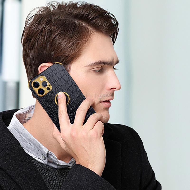 Crocodile Leather Case For iPhone 13 12 Mini Shockproof Magnetic Ring Holder Phone Cover Ultra-thin Soft Crocodile Leather Shockproof Bumper With Ring Bracket Protective Cover for iPhone Stevvex