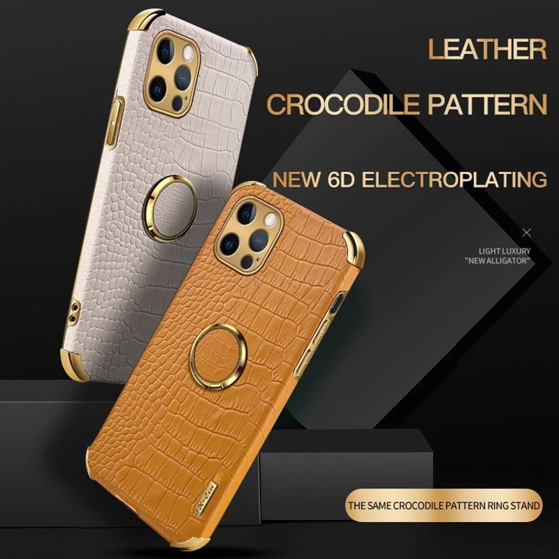 Crocodile Leather Case For iPhone 13 12 Mini Shockproof Magnetic Ring Holder Phone Cover Ultra-thin Soft Crocodile Leather Shockproof Bumper With Ring Bracket Protective Cover for iPhone Stevvex