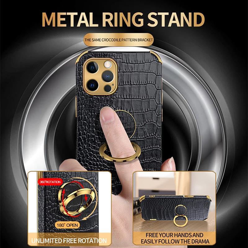 Crocodile Leather Case For iPhone 13 12 Mini Shockproof Magnetic Ring Holder Phone Cover Ultra-thin Soft Crocodile Leather Shockproof Bumper With Ring Bracket Protective Cover for iPhone Stevvex