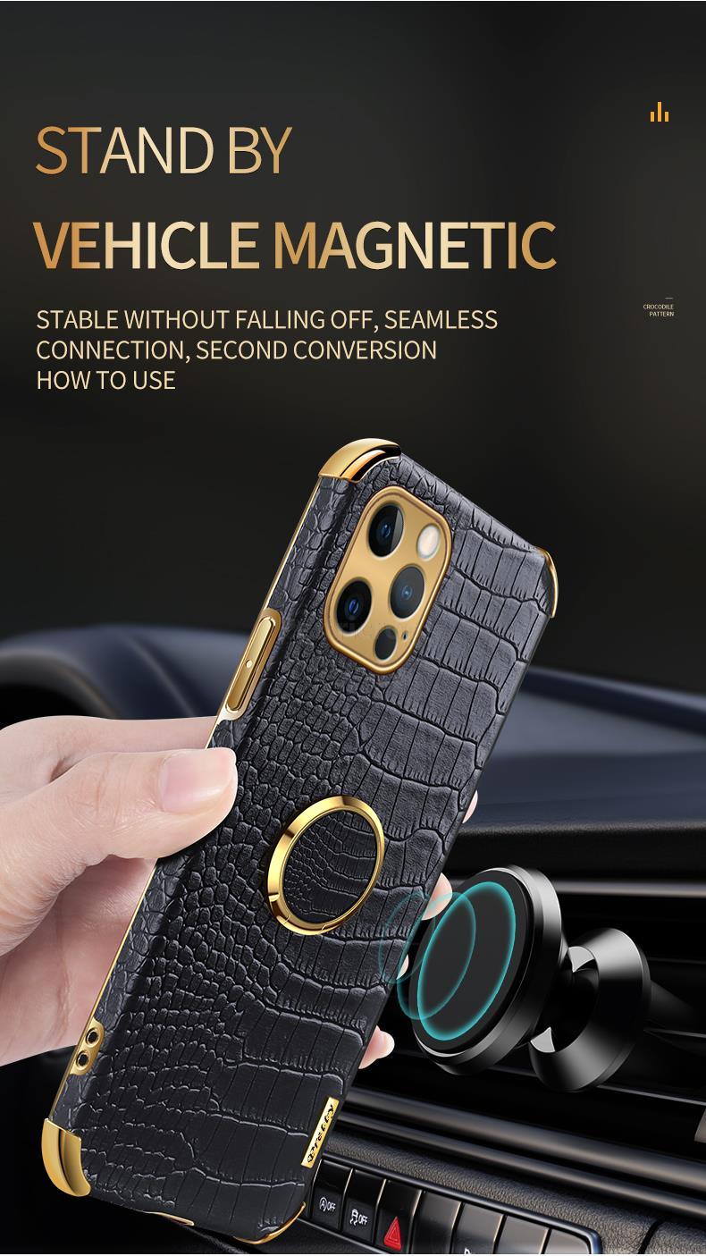 Crocodile Leather Case For iPhone 13 12 Mini Shockproof Magnetic Ring Holder Phone Cover Ultra-thin Soft Crocodile Leather Shockproof Bumper With Ring Bracket Protective Cover for iPhone Stevvex