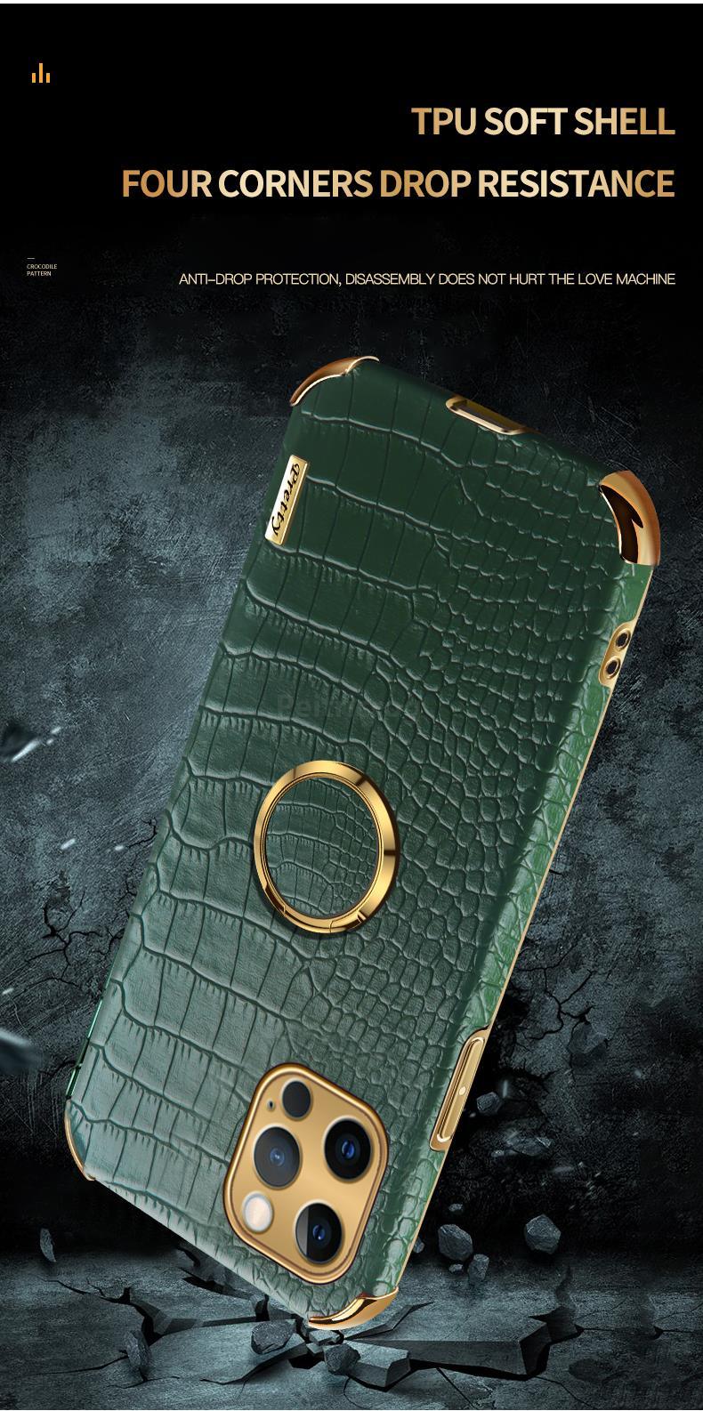 Crocodile Leather Case For iPhone 13 12 Mini Shockproof Magnetic Ring Holder Phone Cover Ultra-thin Soft Crocodile Leather Shockproof Bumper With Ring Bracket Protective Cover for iPhone Stevvex