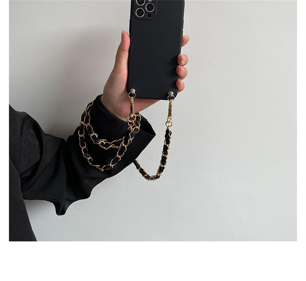 Crossbody Necklace Phone Case for Xiaomi Redmi Note 11 10 9 Pro 11s 10s 9T Mi 11T 10T Strap Leather Bracelet Chain Cover Crossbody Phone Case Black Leather with Gold Chain Unique Design Leather Phone Case Stevvex