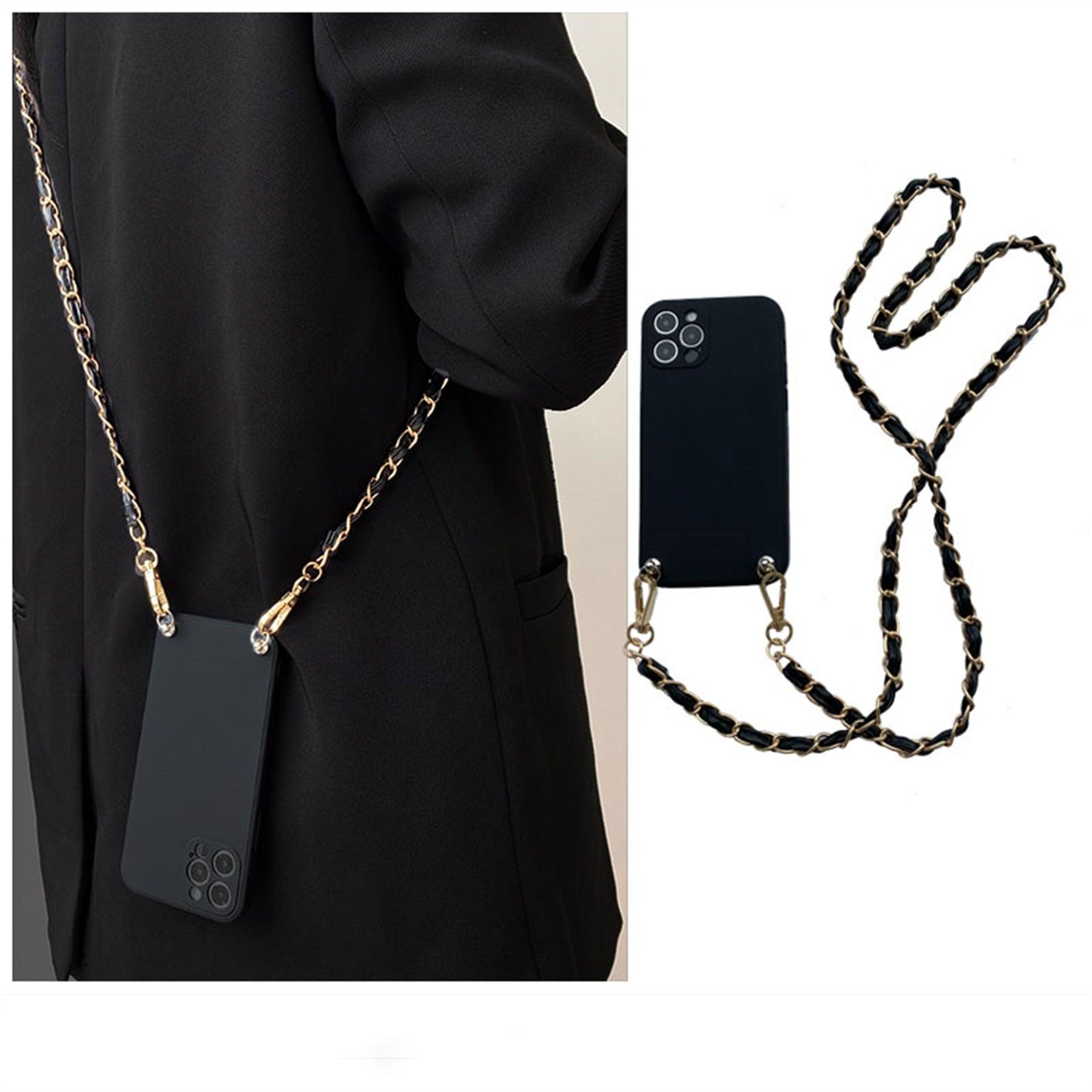 Crossbody Necklace Phone Case for Xiaomi Redmi Note 11 10 9 Pro 11s 10s 9T Mi 11T 10T Strap Leather Bracelet Chain Cover Crossbody Phone Case Black Leather with Gold Chain Unique Design Leather Phone Case Stevvex