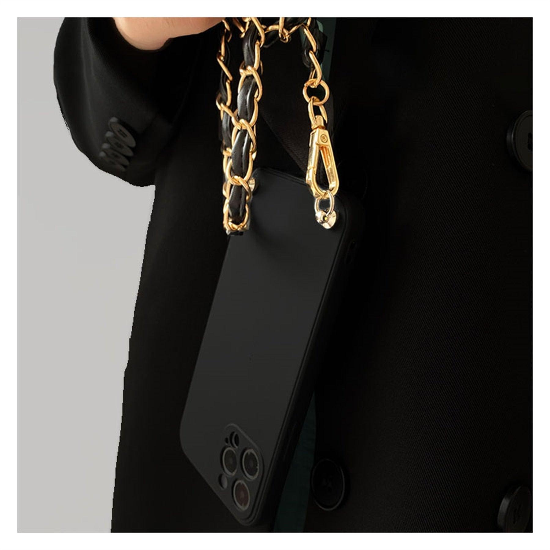 Crossbody Necklace Phone Case for Xiaomi Redmi Note 11 10 9 Pro 11s 10s 9T Mi 11T 10T Strap Leather Bracelet Chain Cover Crossbody Phone Case Black Leather with Gold Chain Unique Design Leather Phone Case Stevvex