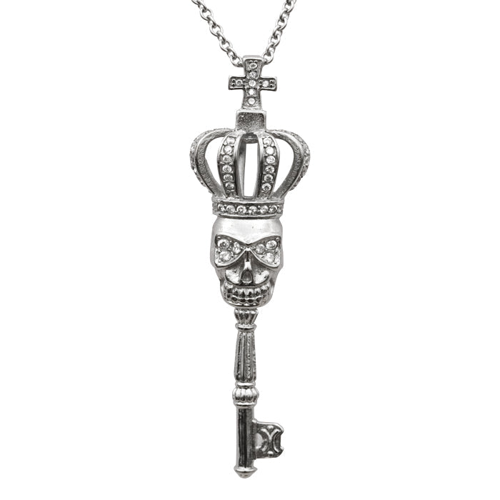 Crowned Skull Key Necklace Gothic Pendant Silver Chain