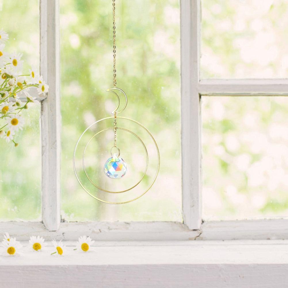 Crystal Ball Star Moon Sun Ring Rainbow Catcher Crystal Pendant Hanging Crystal Sun catcher Ornament Prism Stone Beads Ornament Home Window Wind-chimes Car Decoration Stevvex