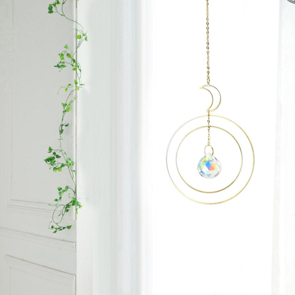 Crystal Ball Star Moon Sun Ring Rainbow Catcher Crystal Pendant Hanging Crystal Sun catcher Ornament Prism Stone Beads Ornament Home Window Wind-chimes Car Decoration Stevvex