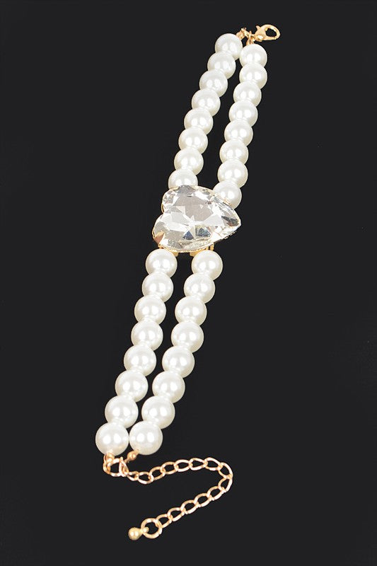 Crystal Heart Double Strand Pearl Bracelet Choker Adjust