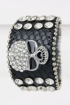 Crystal Skull Leather Bracelet Rhinestone Goth Punk Cuff