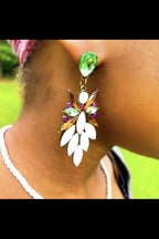 Crystallized Stone Dangle Earrings Floral Gem Long Drop
