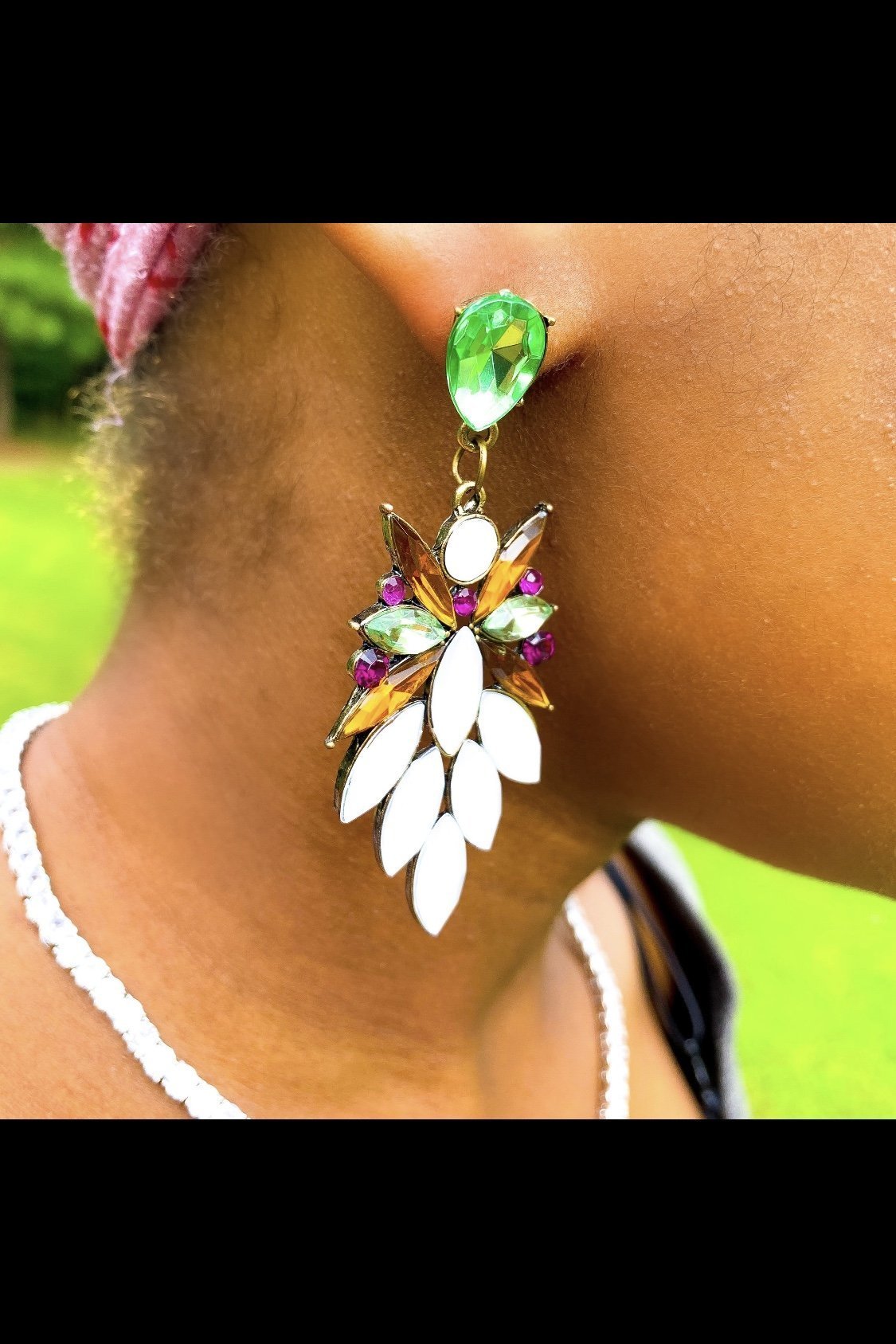 Crystallized Stone Dangle Earrings Floral Gem Long Drop