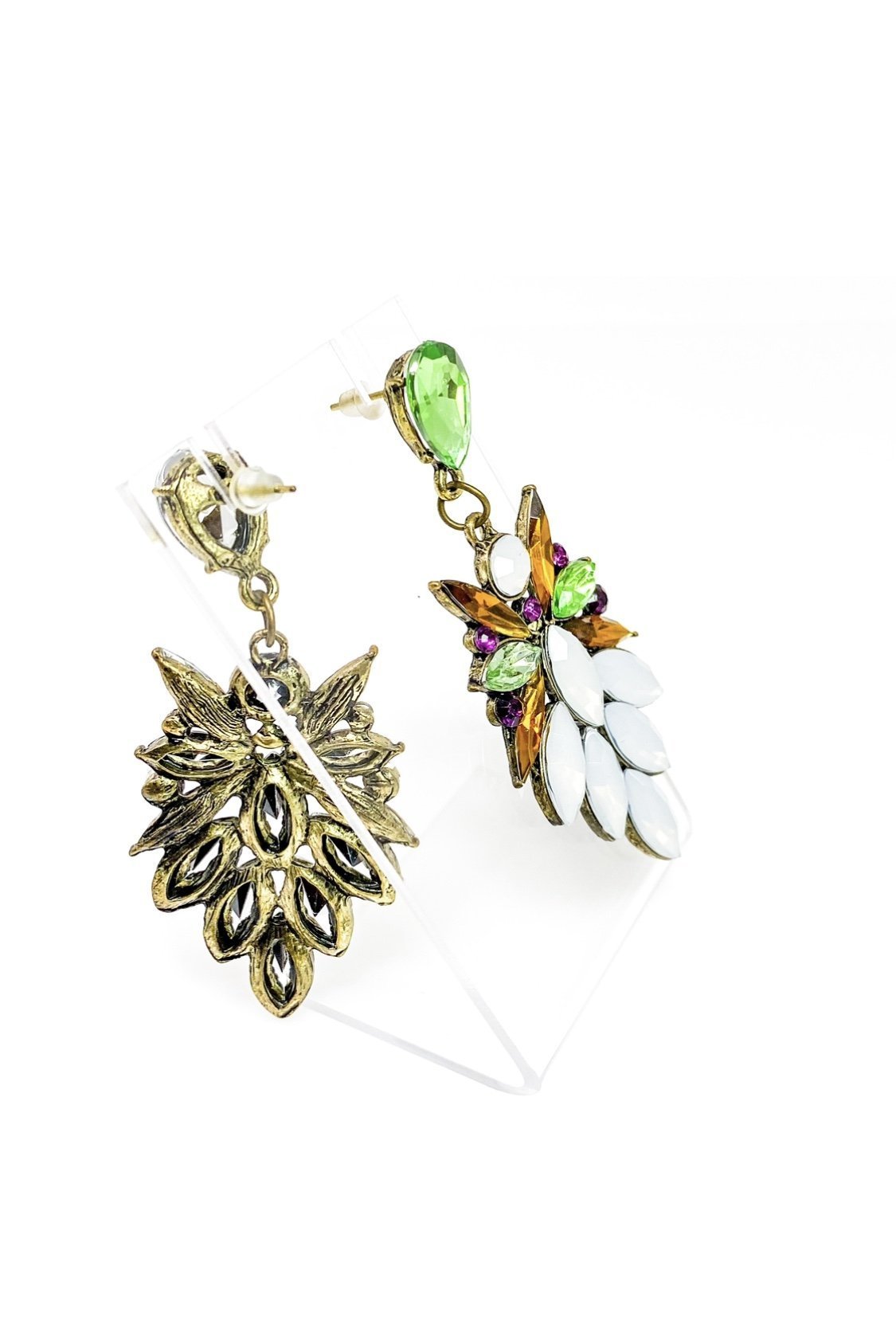 Crystallized Stone Dangle Earrings Floral Gem Long Drop